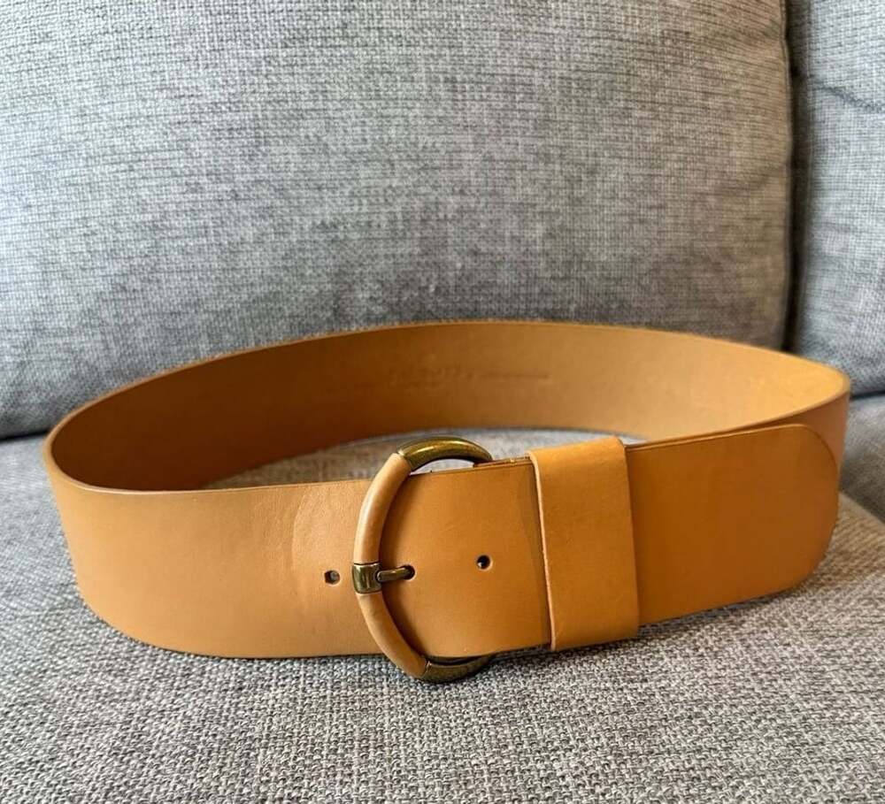 Talbots Tan Wide Leather Belt with Round Gold Tone Buckle Size M